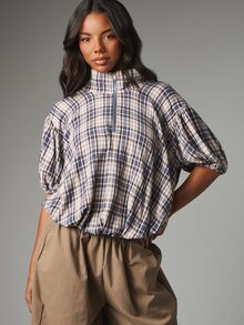 MISSGUIDED Blus Kotak-kotak Kerah Tinggi Setengah Resleting dengan Lengan Siku Mengembang dan Hem Gelembung, Potongan Longgar, Atasan Kasual Musim Gugur dan Musim Dingin - Biru - View 6
