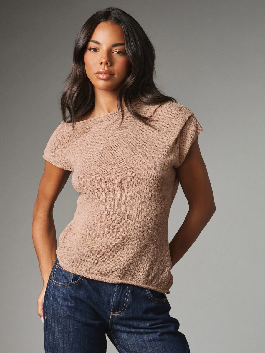 MISSGUIDED 船領短袖針織上衣,輕量鏤空針織,休閒夏季春季日常必備,寬鬆版型 T-shirt - 卡其色 - 查看 1