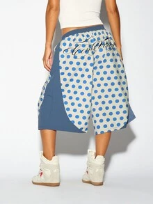 SUMWON WOMEN Oversized Polka Dot Wide Leg Cropped Casual Pants With Elastic Waistband Side Pockets And Color Block Side Panel Summer Festival Trousers - Blue - View 5