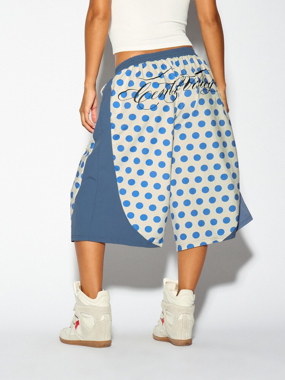 SUMWON WOMEN Oversized Polka Dot Wide Leg Cropped Casual Pants With Elastic Waistband Side Pockets And Color Block Side Panel Summer Festival Trousers