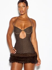 SUMWON WOMEN Halter Neck Lace Mini Dress With Keyhole Cut-Out And Faux Fur Hem Trim Party Night Out Bodycon Style - Coffee Brown - View 4