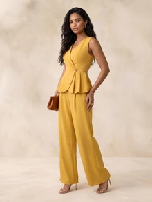 QUIZ Top Elegante Amarela Mostarda com Decote em V, Sem Mangas, Frente Envolvida, Plissada e Peplum com Detalhe de Botão Metálico, Top para Mulheres, Top para Eventos Formais, Tops de Verão, Looks de Férias para Mulheres - Amarelo mostarda - Visão 7