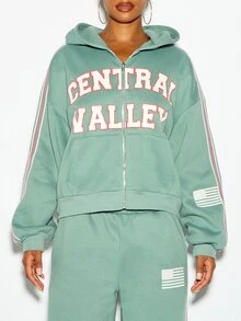 SUMWON WOMEN Sudadera con capucha corta de gran tamaño con texto Central Valley Collegiate, cremallera completa, detalle de rayas laterales e impresión de bandera estadounidense en la manga para otoño e invierno - Verde - Ver 1
