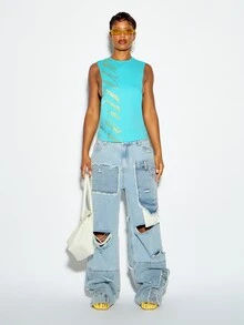 SUMWON WOMEN Turquoise Sleeveless Crew Neck Tank Top With Diagonal Gold Rhinestone Script Detail Summer Festival Party Night Out Style - Blue - View 3