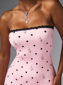 BABYPHAT Strapless Bodycon Mini Dress With Black Lace Trim Polka Dot And Cat Character AOP Print Party Summer Festival Night Out - Baby Pink - View 2