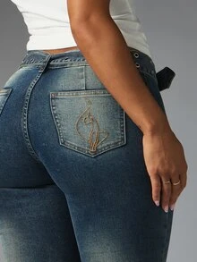 BABYPHAT Vintage Wash Low Rise Skinny Denim Capri Jeans With Embroidered Logo Detail And Denim Belt Summer Y2K Style - Blue - View 4