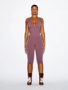 SUMWON WOMEN Celana Legging Capri Pendek dengan Lipatan di Bagian Bawah, Pinggang Sedang, Ketat, Bahan Rajut Elastis, Celana Kasual Sehari-hari, Musim Semi dan Musim Panas, Pakaian Wajib untuk Lemari Pakaian - Burgundy - View 3