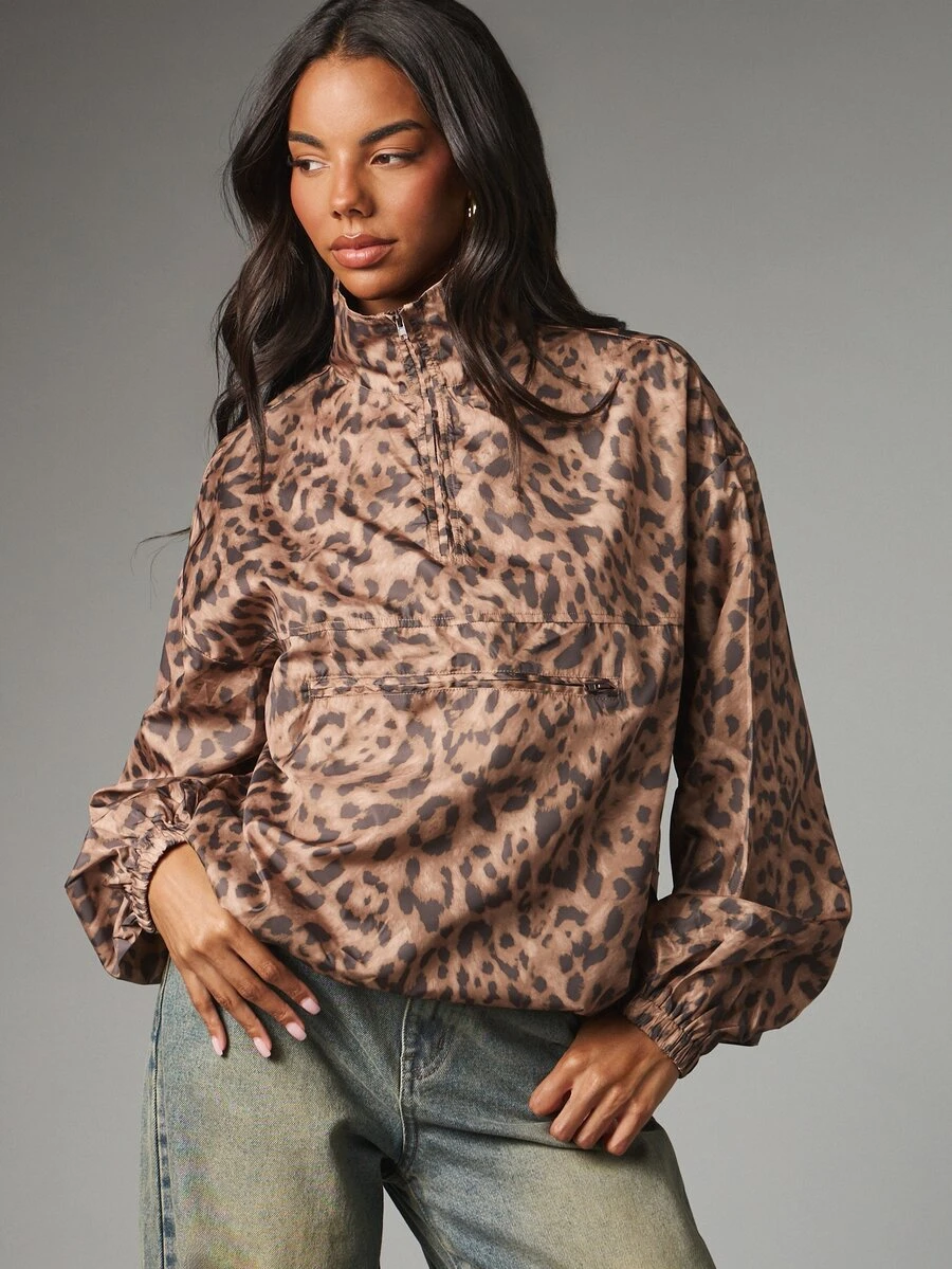 MISSGUIDED Leopard Print Half-Zip Pullover Jacket With Stand Collar Zip Pocket Elasticated Cuffs Satin Finish Oversized Hip Length - Multicolor - View 1