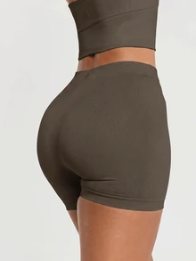 11SKNDS High Rise Seamless Cycling Shorts With Ribbed Waistband, Skin-Tight Fit, Mid-Thigh Length, Perfect For Summer And Active Lifestyle With Sweat-Wicking, Stretchy, Quick-Dry, Tummy Control & Sculpting, For Gym Workout Fitness Yoga Pilates Studio, Running, Training & Hy-Rox - Chocolate Brown - View 2