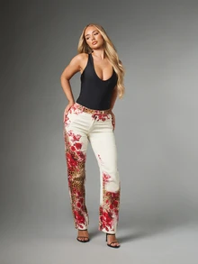 MISSGUIDED Jean droit avec imprimé mixte léopard et rose floral, taille mi-haute, pantalon en denim longueur complète, printemps été festival - Multicolore - Voir 2