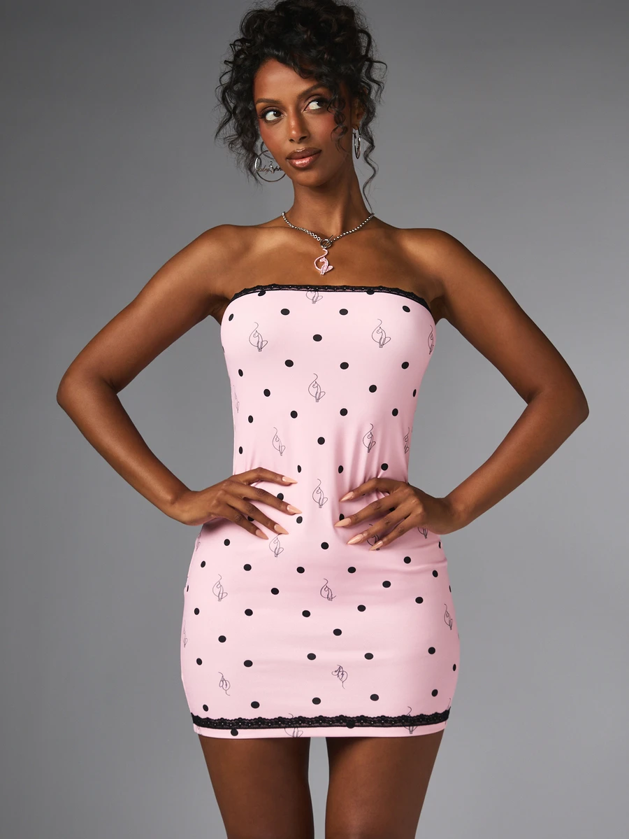 BABYPHAT Strapless Bodycon Mini Dress With Black Lace Trim Polka Dot And Cat Character AOP Print Party Summer Festival Night Out - Baby Pink - View 1