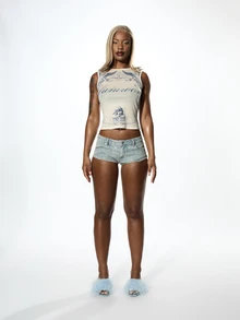 SUMWON Angel Baroque Graphic Print Sleeveless Crew Neck Crop Tank Top With Cherub And Script Motif Summer Festival Style - Apricot - View 3