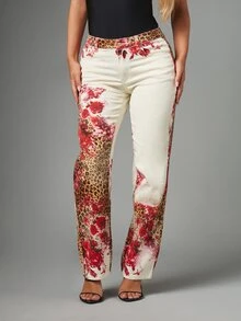 MISSGUIDED Jean droit avec imprimé mixte léopard et rose floral, taille mi-haute, pantalon en denim longueur complète, printemps été festival - Multicolore - Voir 1