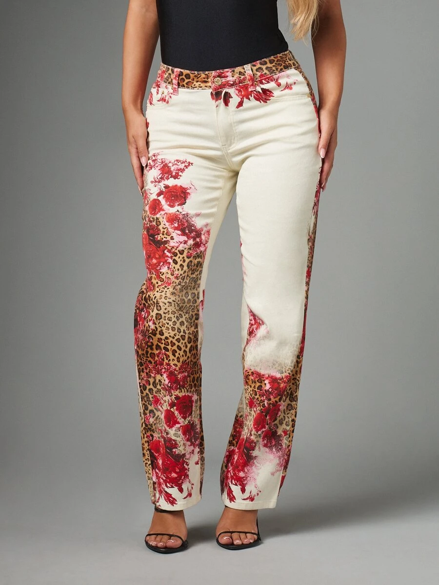 MISSGUIDED Jean droit avec imprimé mixte léopard et rose floral, taille mi-haute, pantalon en denim longueur complète, printemps été festival - Multicolore - Voir 1