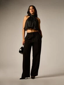 AiiRZ Blusa corta de gasa con brillo, cuello halter, bajo con volantes y detalle de lazo en la espalda para fiesta y noche - Negro - Ver 2