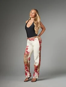 MISSGUIDED Jean droit avec imprimé mixte léopard et rose floral, taille mi-haute, pantalon en denim longueur complète, printemps été festival - Multicolore - Voir 5