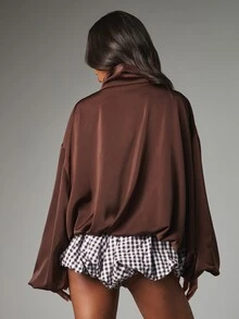 MISSGUIDED Gingham Checked Bubble Shorts With Elastic Waist Button Front Detail And Ruffle Hem Mini Length Summer Holiday - Brown - View 2