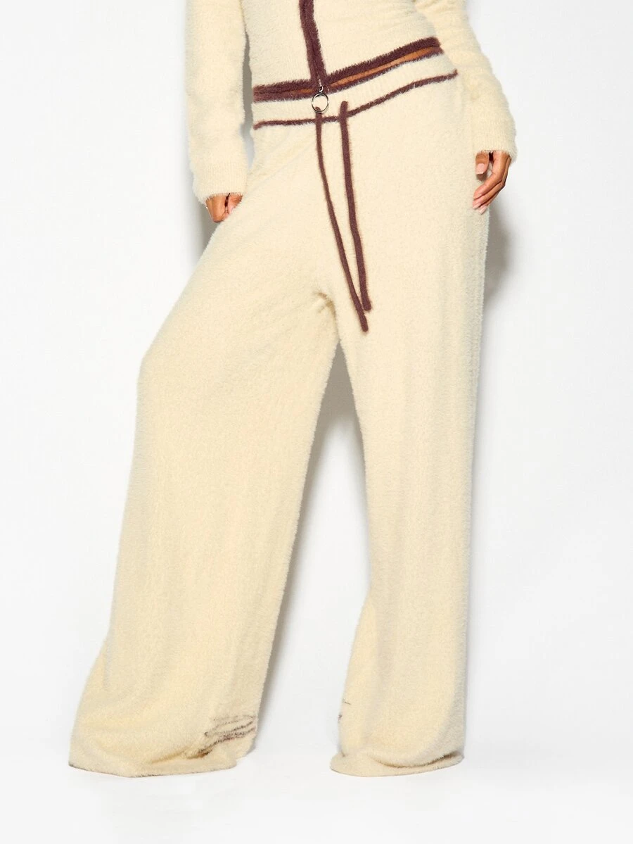 SUMWON WOMEN Fuzzy Wide Leg Casual Pants With Contrast Trim Drawstring Waist Cozy Full Length Lounge Bottoms Fall Winter - White - View 1