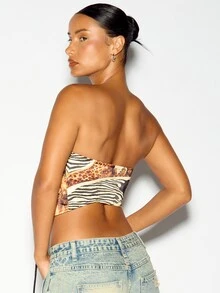 SUMWON WOMEN Top corto tipo corsé con cordones, estampado animal mixto, sin tirantes, escote corazón, acabado satinado, estilo festival, verano, noche y fiesta - Multicolor - Ver 5