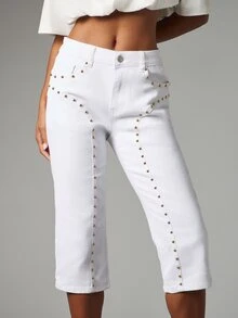 MISSGUIDED 白色短版直筒牛仔褲，接縫處與口袋飾有金色鉚釘，夏季音樂節風格 - 白色 - 查看 1
