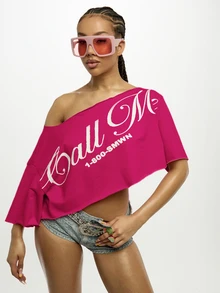 SUMWON WOMEN Off Shoulder Asymmetric Crop Top With Cursive Script Graphic Print And One Sleeve Dropped Shoulder Festival Summer Party Style - Hot Pink - View 5