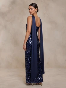 QUIZ Navy Sequin Strapless Maxi Dress With Satin Bust Panel And Draped Scarf Detail, Elegant Long Dress, Wedding Guest Dress Women, Formal Event Dress, Special Occasion Dresses For Women - Navy Blue - View 2