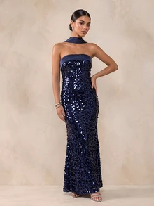 QUIZ Navy Sequin Strapless Maxi Dress With Satin Bust Panel And Draped Scarf Detail, Elegant Long Dress, Wedding Guest Dress Women, Formal Event Dress, Special Occasion Dresses For Women - Navy Blue - View 7
