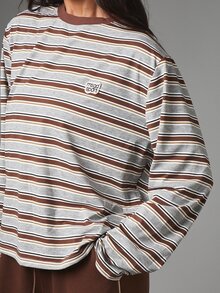MISSGUIDED Kaos Olahraga Lengan Panjang Bergaris Kerah Bulat Ukuran Besar dengan Detail Logo Patch, Potongan Longgar, Atasan Kasual Musim Gugur dan Musim Dingin - MultiWarna - View 2