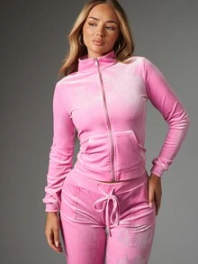 Missguided x Playboy 天鵝絨全拉鍊短版運動上衣，背後水鑽皇冠圖案印花，附中央口袋 - 粉色 - 查看 1