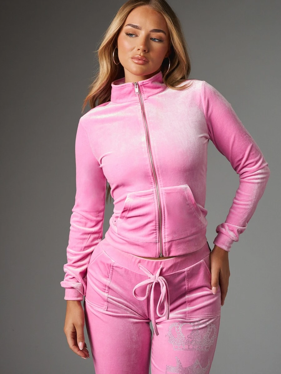 Missguided x Playboy 天鵝絨全拉鍊短版運動上衣,背後水鑽皇冠圖案印花,附中央口袋 - 粉色 - 查看 1