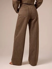 AiiRZ High Waist Wide Leg Denim Jeans With Classic Five Pocket Design In Washed Finish For Fall Winter Everyday Casual Wear - Brown - View 2