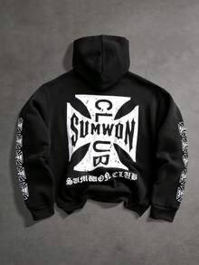 SUMWON Club Oversized Black Pullover Hoodie With Iron Cross Back Graphic And Repeat Sleeve Logo Print - Black - View 2