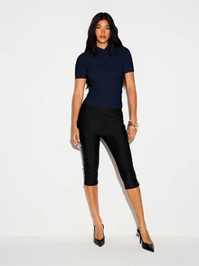 KIZN Draped Mock Neck Short Sleeve Fitted Top With Ruched Side Detail And Crossover Collar Design - Navy Blue - View 3