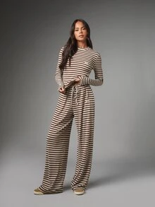 MISSGUIDED MSSG Sport Wide Leg Casual Pants Horizontal Stripe Drawstring Elastic Waist Full Length Palazzo Summer Lounge Trousers - Multicolor - View 5