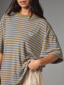 MISSGUIDED Sport Oversized Striped Crew Neck T-Shirt With Elbow Length Boxy Sleeves And Logo Patch Detail Summer Essential - Multicolor - View 2