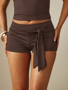 MISSGUIDED Low Rise Tie Front Mini Shorts With Ruched Waist Detail And Fitted Cut For Summer Festival Vacations - Chocolate Brown - View 4
