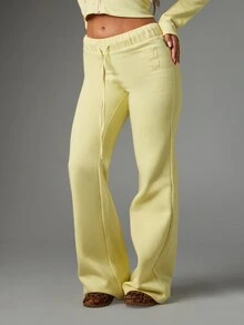 Missguided x Playboy Bunny Embroidered Wide Leg Sweatpants With Drawstring Waist Patch Pockets Full Length Casual Lounge Pants Spring Summer - Yellow - View 1