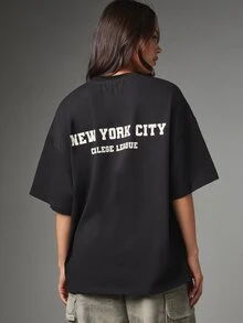 MISSGUIDED New York City College League Oversized Crew Neck Short Sleeve Graphic Tee With Back Text Print Casual Street Style Summer Top - Black - View 1