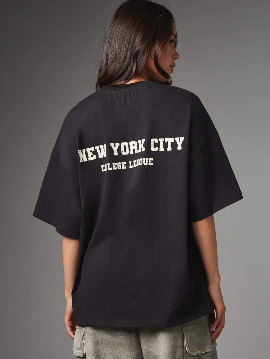 MISSGUIDED New York City College League Oversized Crew Neck Short Sleeve Graphic Tee With Back Text Print Casual Street Style Summer Top - Black - View 1