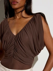 KSTM Ruched V-Neck Draped Bodysuit Top With Gathered Detail And Semi-Sheer Hem Spring Summer Night Out Top - Chocolate Brown - View 2