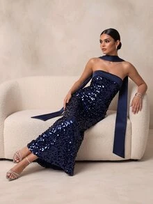 QUIZ Navy Sequin Strapless Maxi Dress With Satin Bust Panel And Draped Scarf Detail, Elegant Long Dress, Wedding Guest Dress Women, Formal Event Dress, Special Occasion Dresses For Women - Navy Blue - View 6