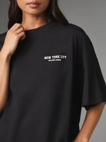 MISSGUIDED New York City College League Oversized Crew Neck Short Sleeve Graphic Tee With Back Text Print Casual Street Style Summer Top - Black - View 4
