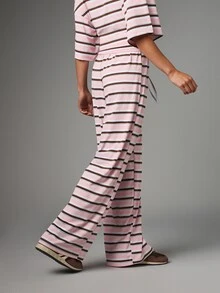 MISSGUIDED Celana Kasual Kaki Lebar dengan Garis Horizontal, Tali Serut, Pinggang Elastis, Potongan Longgar, Panjang Penuh, Musim Semi dan Musim Panas - MultiWarna - View 3