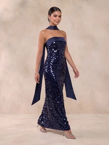 QUIZ Navy Sequin Strapless Maxi Dress With Satin Bust Panel And Draped Scarf Detail, Elegant Long Dress, Wedding Guest Dress Women, Formal Event Dress, Special Occasion Dresses For Women - Navy Blue - View 3