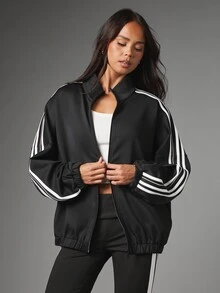 MISSGUIDED Jaket Track Over Ukuran Besar dengan Resleting Penuh, Detail Tiga Garis di Lengan, Manset Elastis, Kerah Tinggi, Gaya Retro Sporty. - Putih - View 5