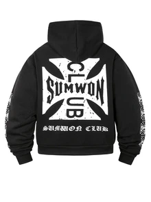 SUMWON Club Oversized Black Pullover Hoodie With Iron Cross Back Graphic And Repeat Sleeve Logo Print - Black - View 3