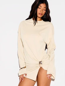 KIZN Long Sleeve Mini T-Shirt Dress With Gold Ring Ruched Detail High Neck Oversized Fit Party Night Out Holiday - Cream - View 1