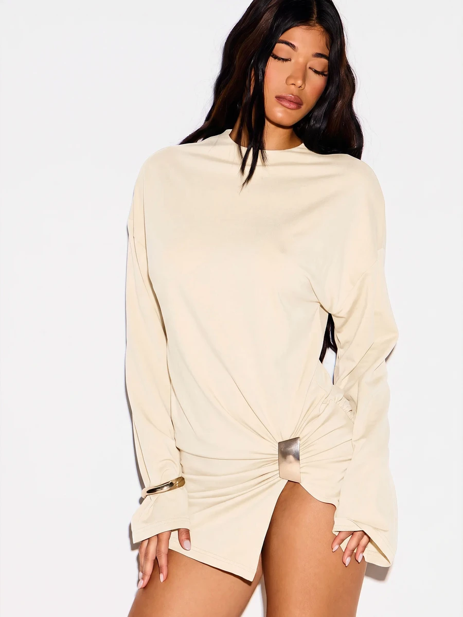 KIZN Long Sleeve Mini T-Shirt Dress With Gold Ring Ruched Detail High Neck Oversized Fit Party Night Out Holiday - Cream - View 1