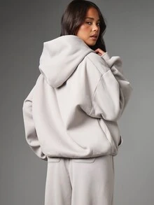 MISSGUIDED Oversized Full-Zip Sweatshirt With Embroidered Logo Chest Print Side Pockets Cozy Fleece Winter Essential - Grey - View 3