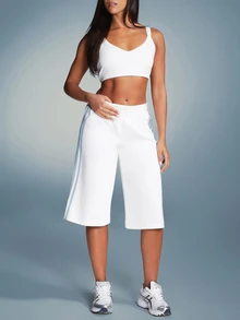 11SKNDS Wide Leg Bermuda Shorts With Side Stripe Detail High Rise Elastic Waist Knee Length Summer Casual Shorts - White - View 5